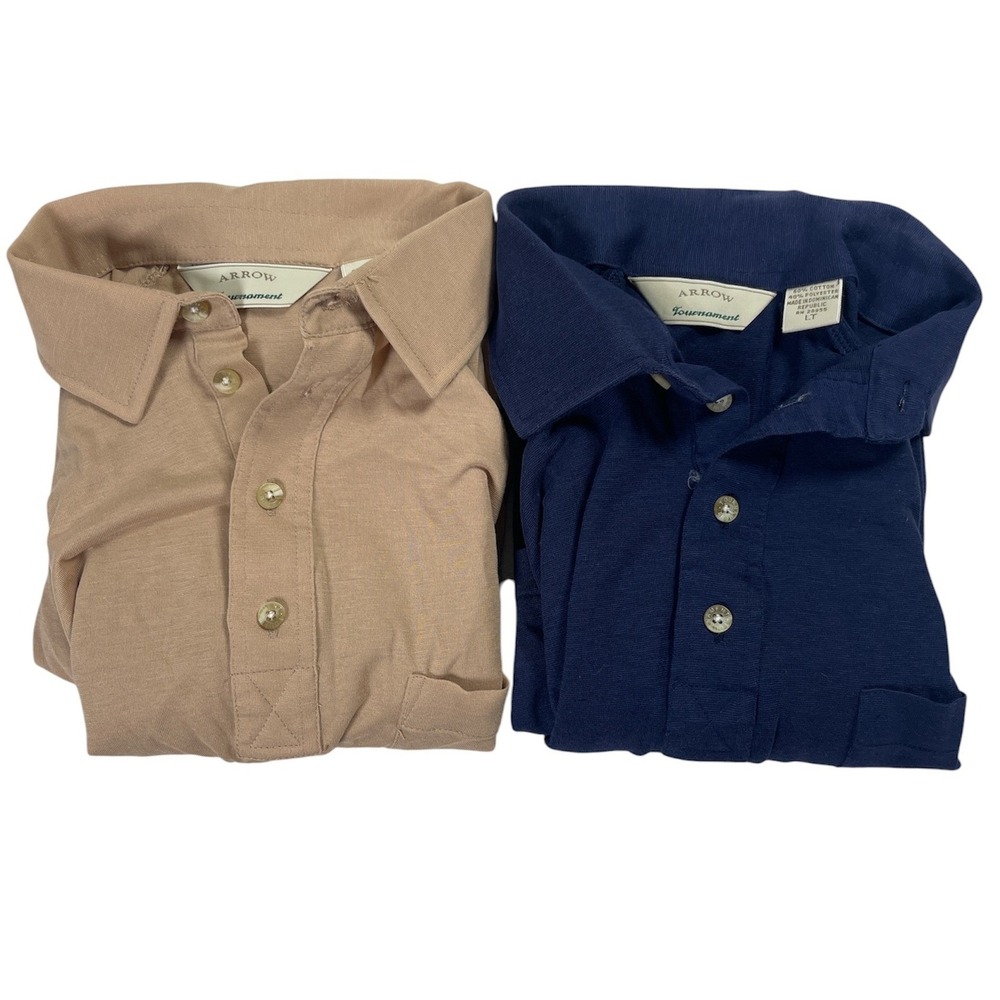 Vintage Arrow Tournament Polo Shirts Mens Large Tall LT‎ Lot of 2 Blue Tan USA